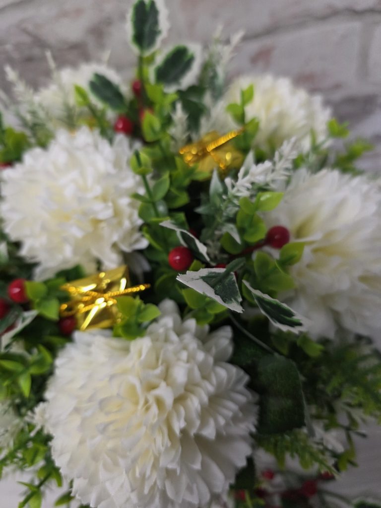 Christmas Artificial Grave Flower Pot Arrangement -Snowball and Berries
