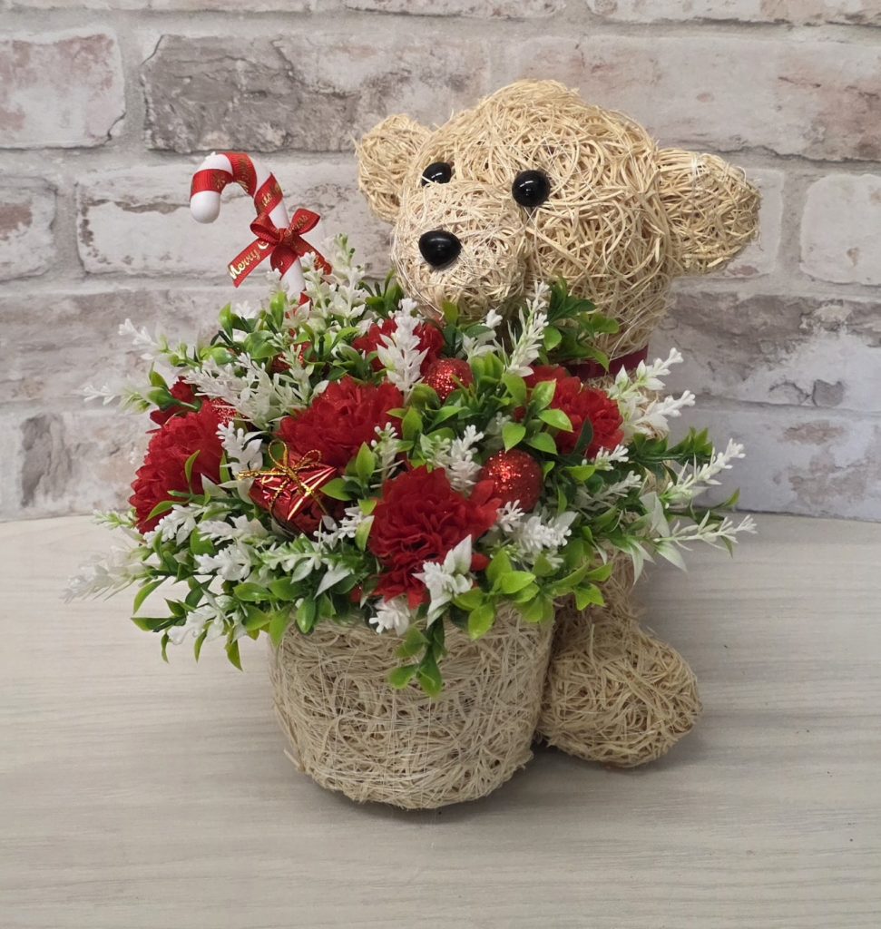 Christmas Teddy Grave Tribute | Artificial Flowers Red