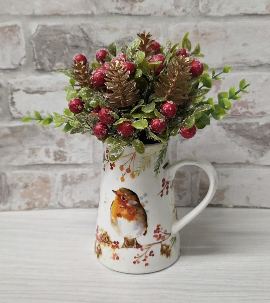 Christmas Fine China Jug Arrangement of Artificial Foliage | Traditional Robin Scene