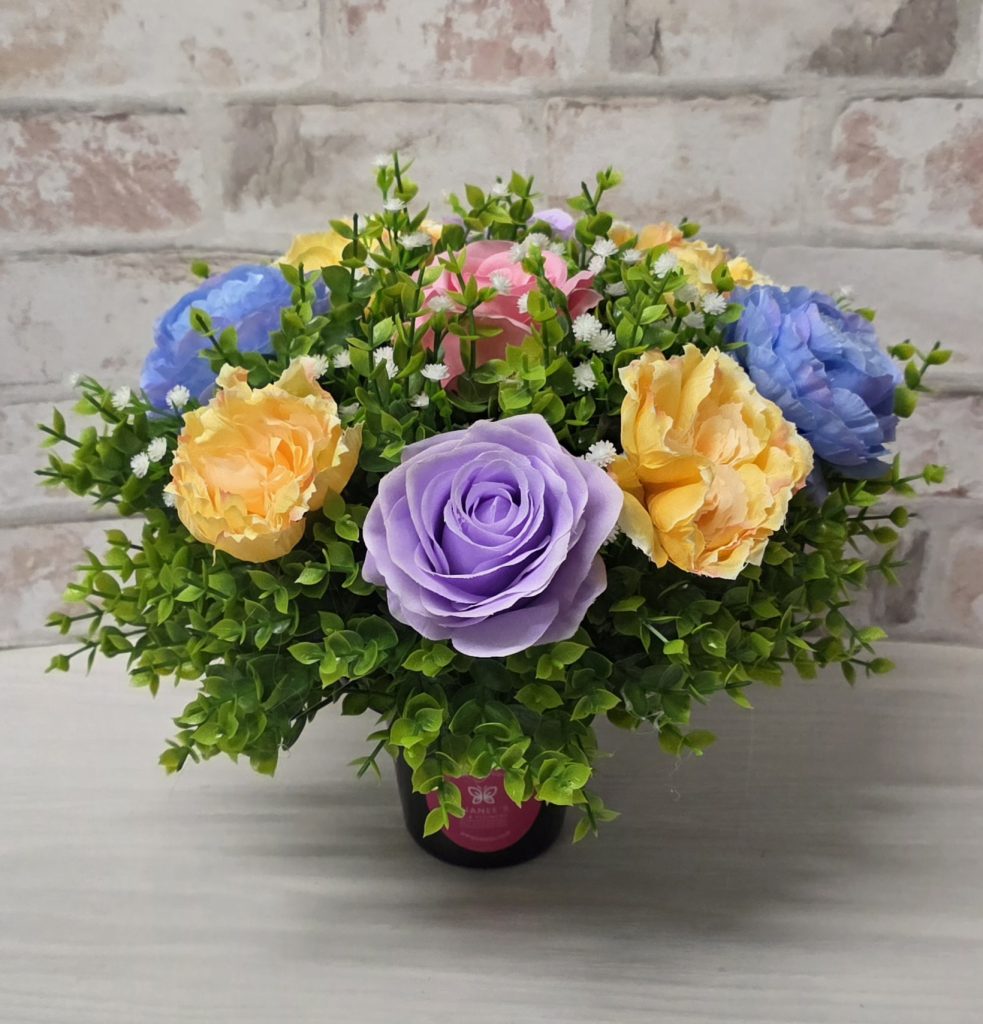 Grave Flower Pot | Artificial Mixed Rose and Peony Memorial Arrangement