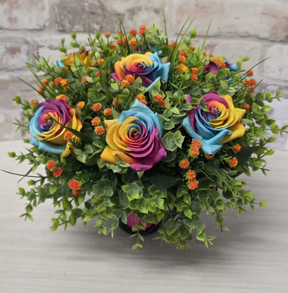 Grave Flower Pot | Artificial Rainbow Rose Memorial Arrangement