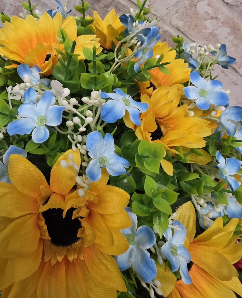 Grave Flower Vase | Artificial Sunflowers and Forget Me Not