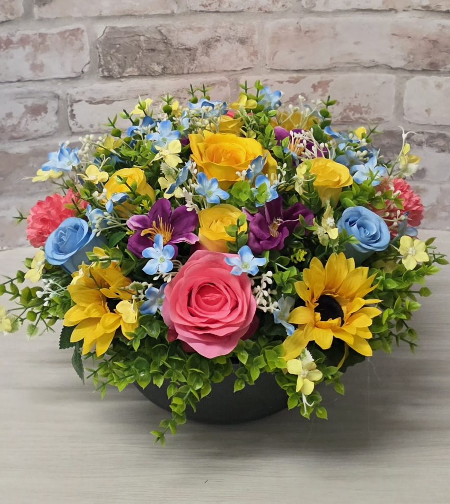 Grave Flower Centrepiece Bright Mix 9 | Sianee Silk Flowers Grave Flower Bowl | Bright Mix Artificial Memorial Arrangement 40cm