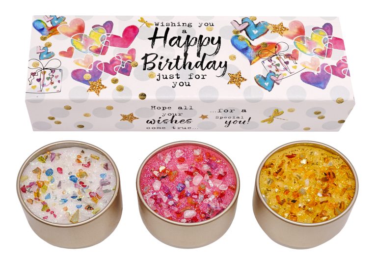 Luxury Scented Candles with Coloured Crystals Happy Birthday