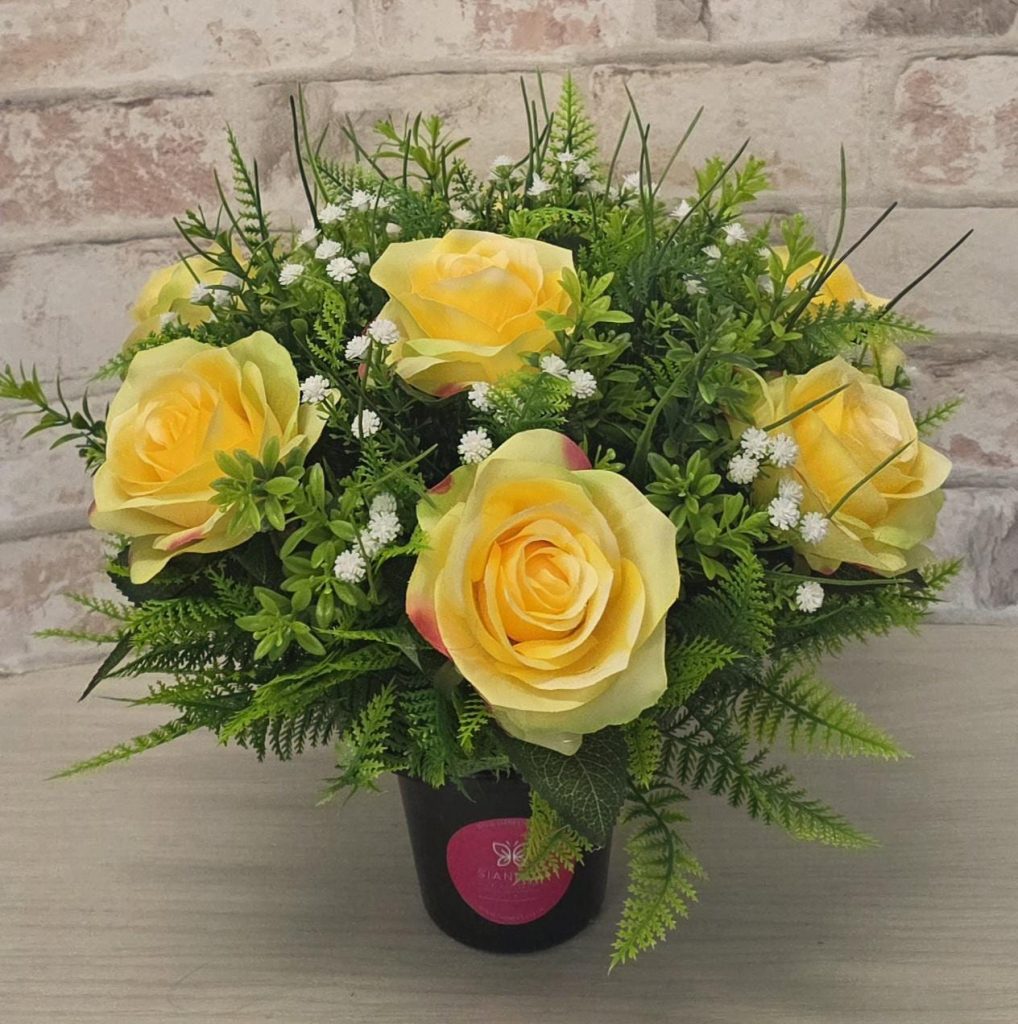 Artificial Grave Flowers Pot - Lemon Roses