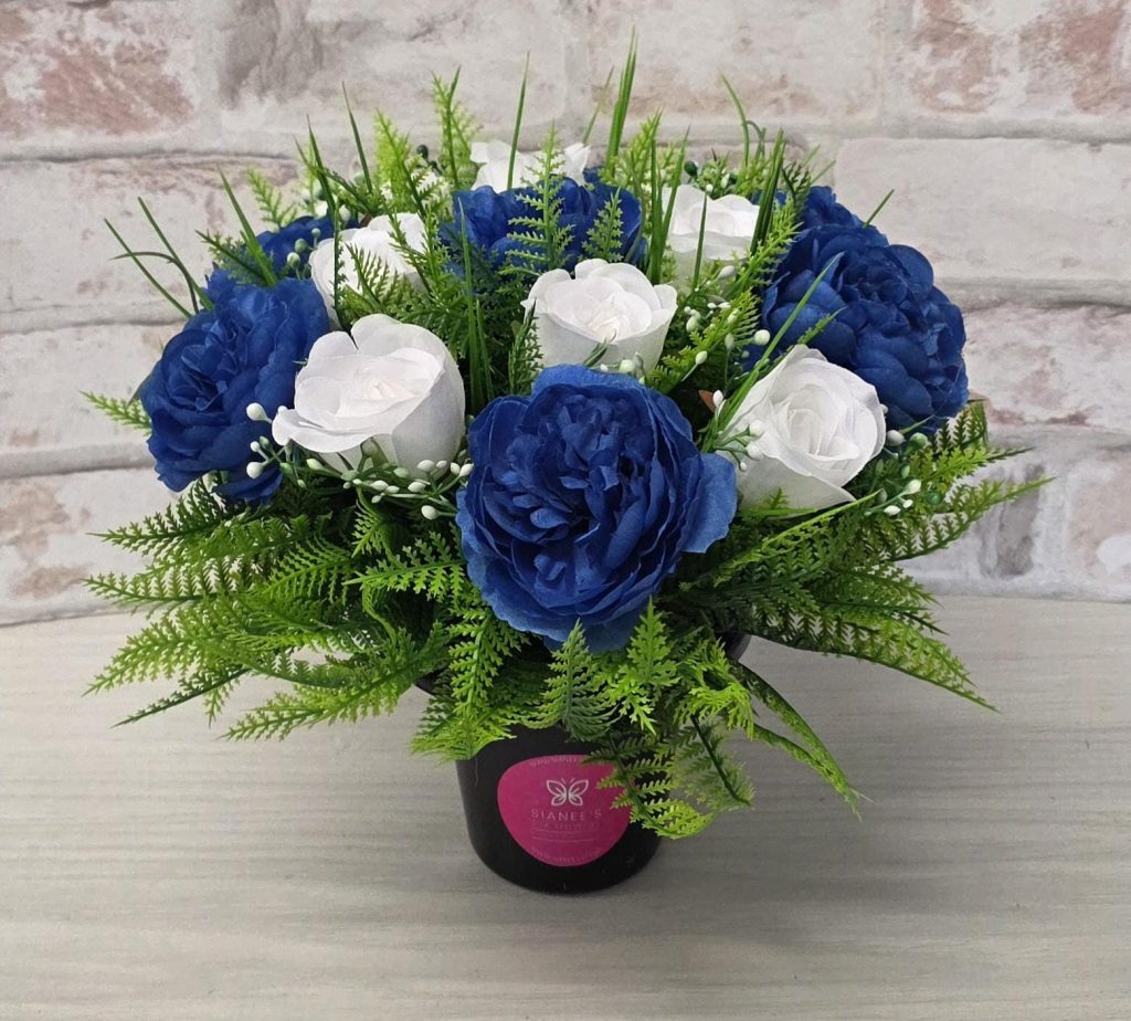 Artificial Grave Flowers Pot - Blue White Roses