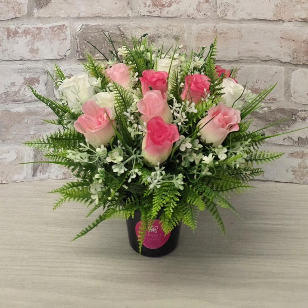 Artificial Grave Flowers Pot – Pink White Roses