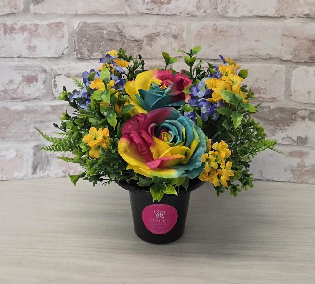 Artificial Grave Flowers Pot – Rainbow Roses