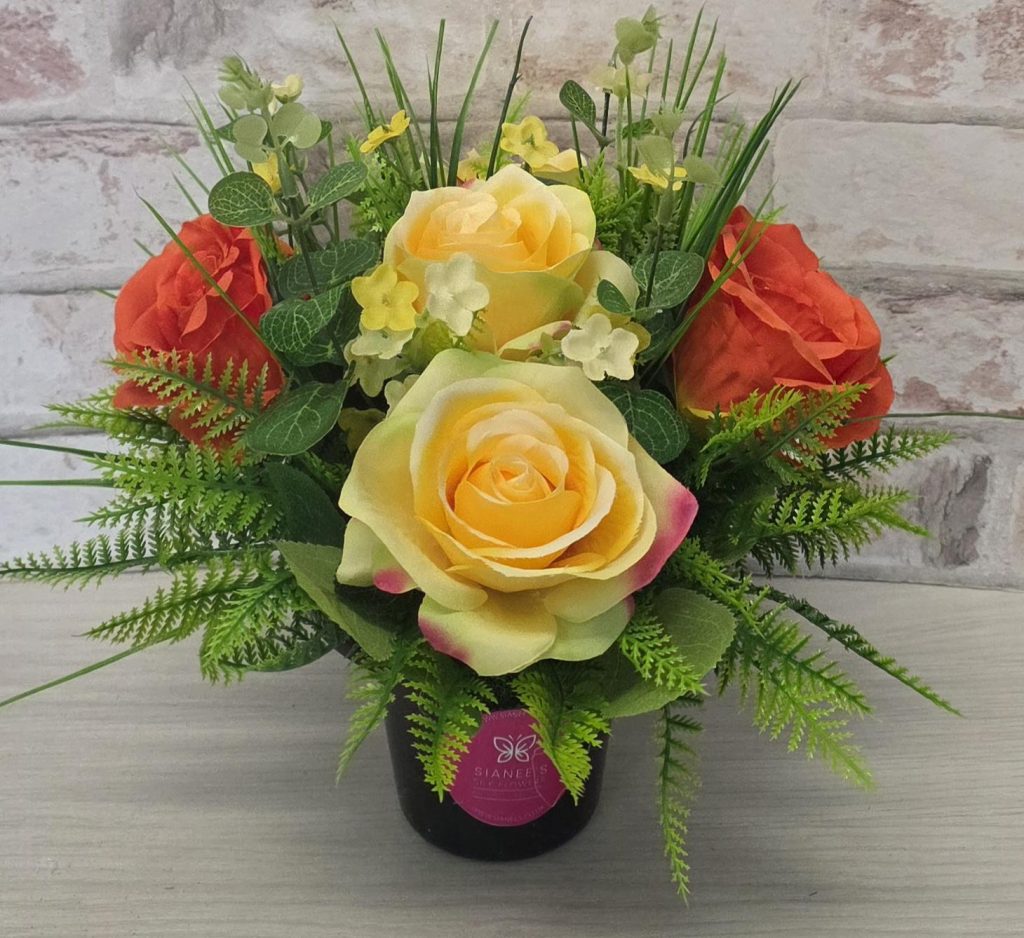 Artificial Grave Flowers Pot – Compact Yellow & Orange Rose Memorial Arrangement