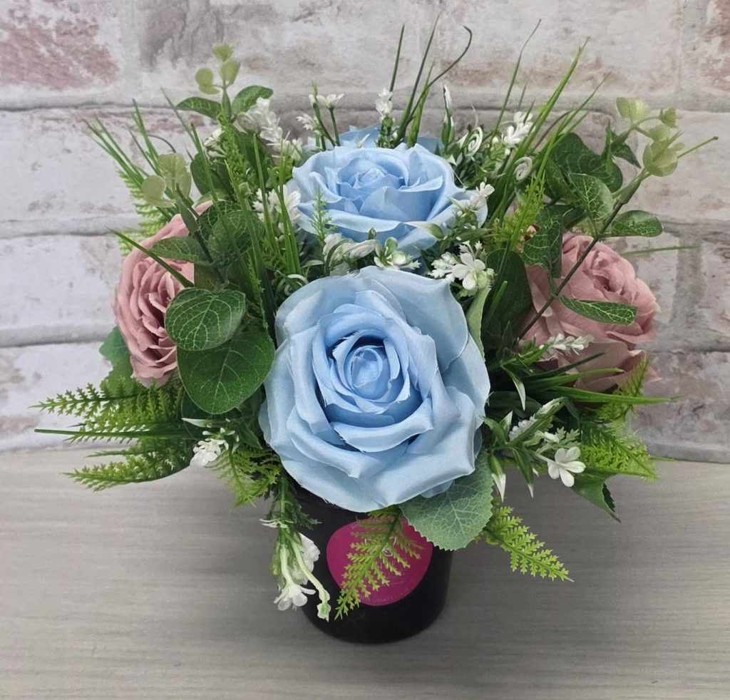 Artificial Grave Flowers Pot – Compact Blue & Pink Rose Memorial Arrangement