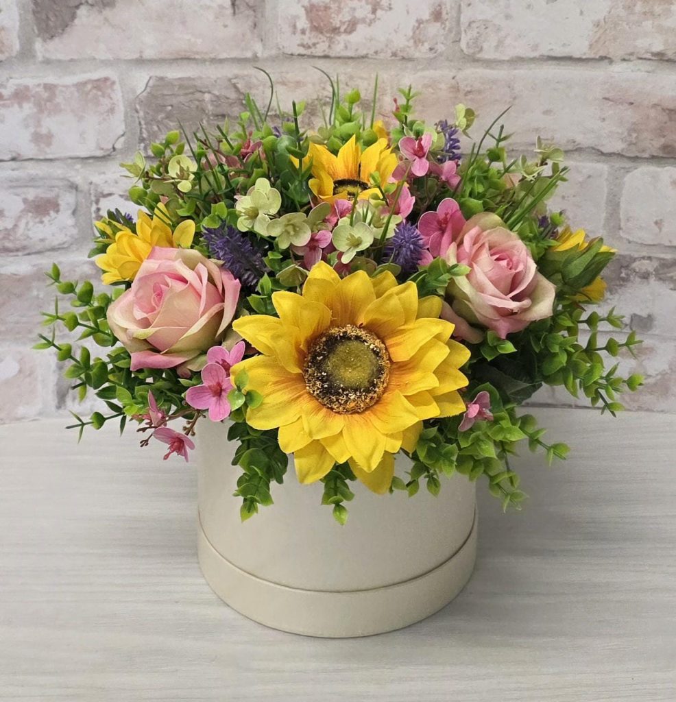 Hatbox Flower Arrangement - Artificial Sunflowers and Roses