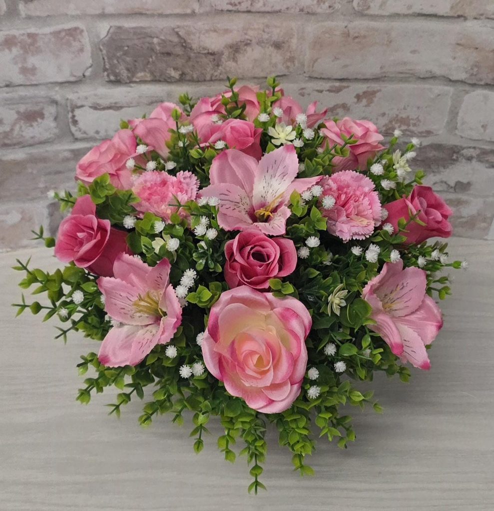 Grave Flower Pot - Artificial Pink Rose and Alstromeria
