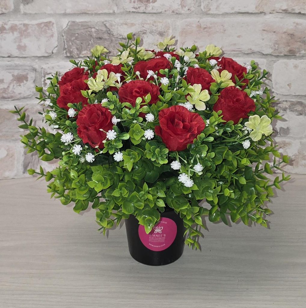 Grave Flower Pot - Artificial Red Rose and Blossom