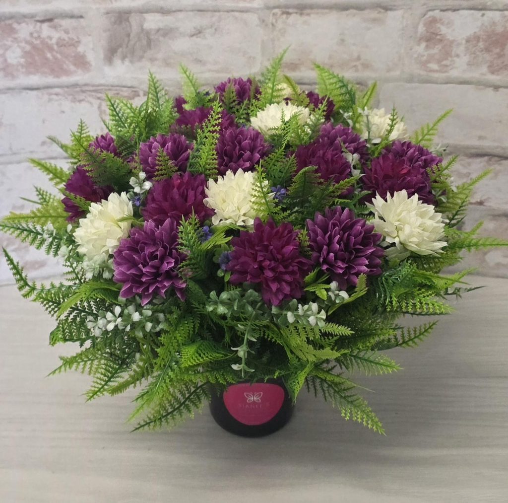 Grave Flowers Pot – Artificial Magenta Ivory Chrysanthemum