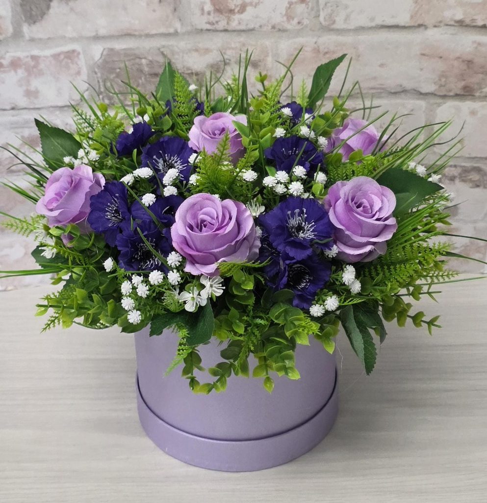 Lilac & Purple Artificial Flower Arrangement in Hat Box