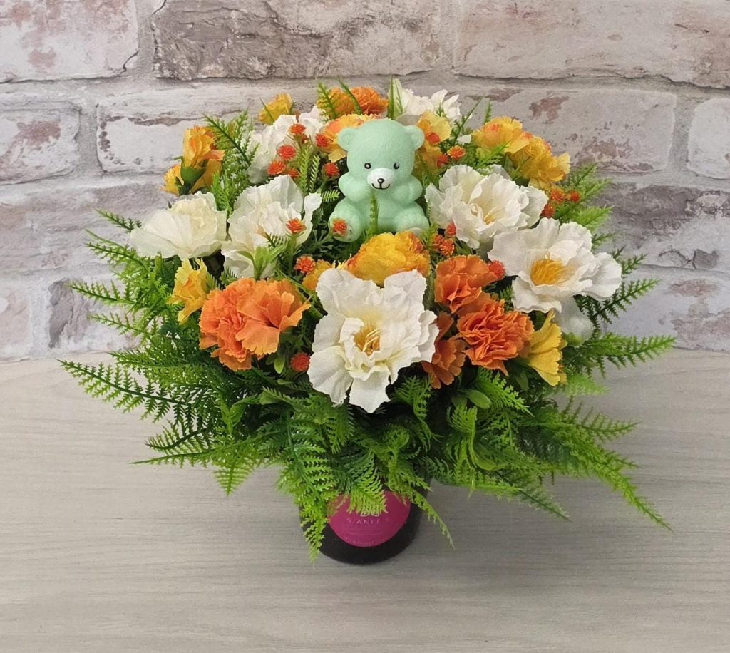 Orange Artificial Flower Grave Pot with Teddy
