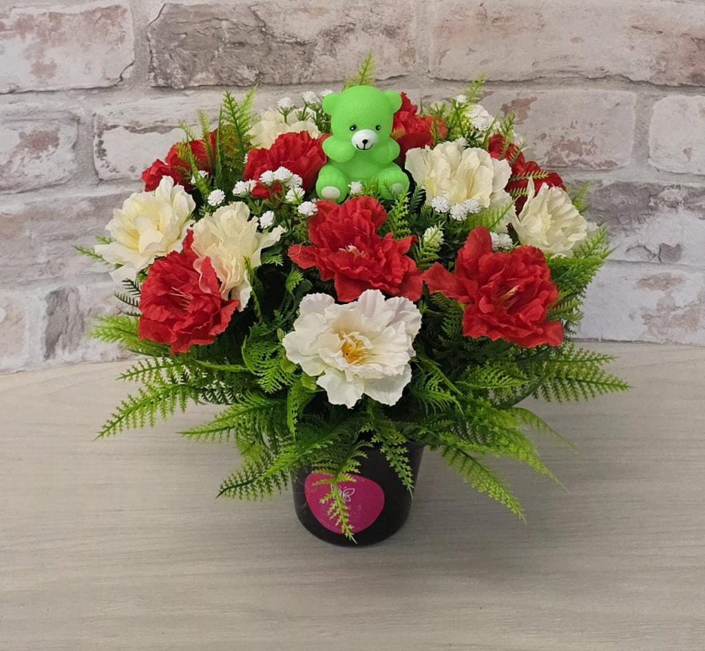 Red Artificial Flower Grave Pot with Teddy