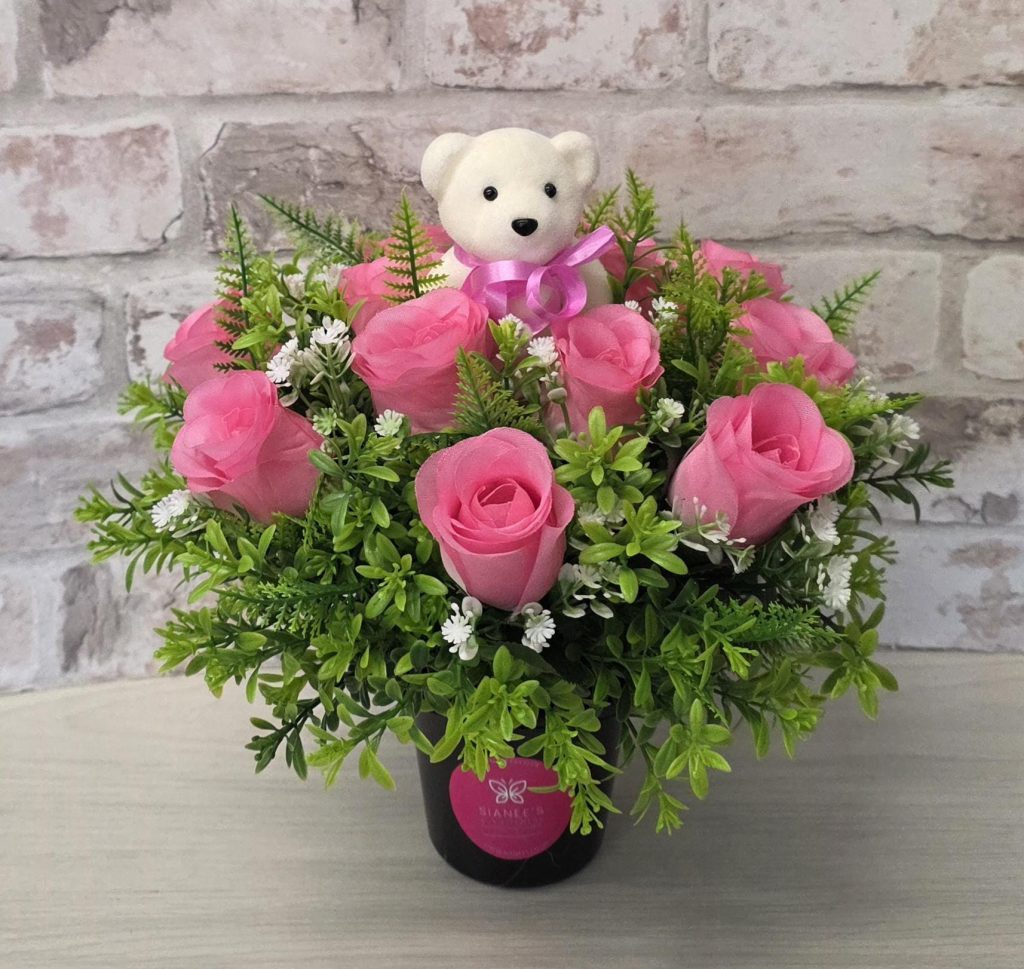 Pink Artificial Flower Grave Pot with Teddy