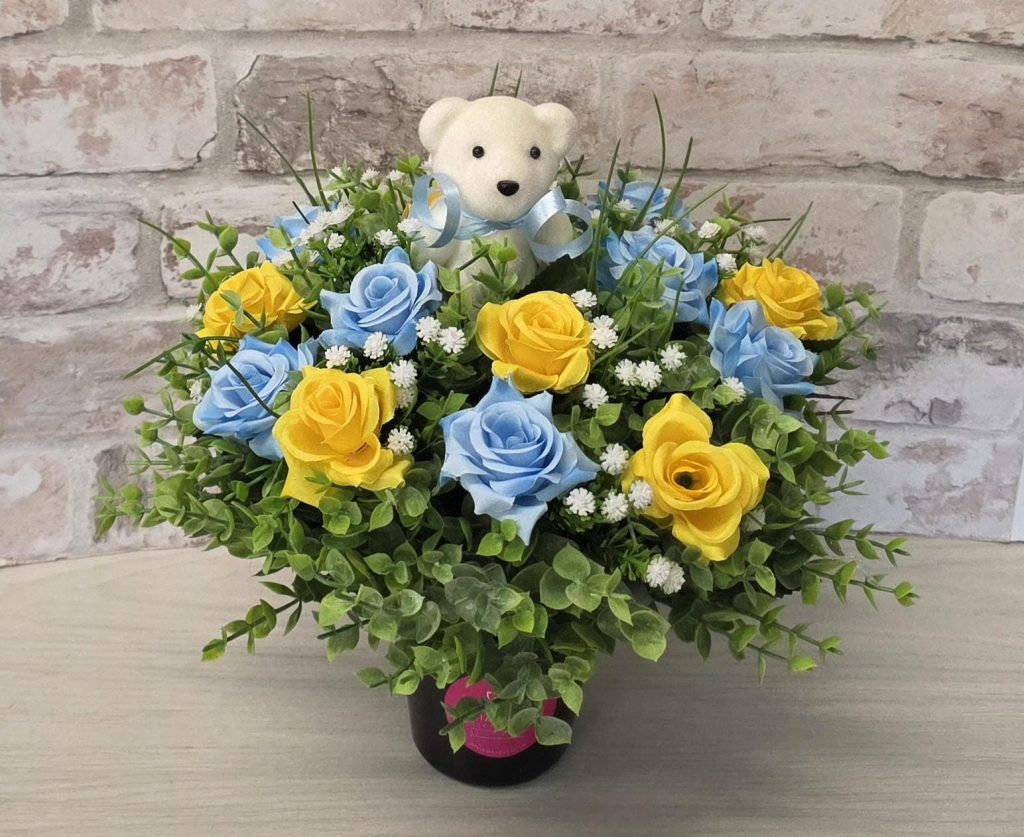 Blue Artificial Flower Grave Pot with Teddy