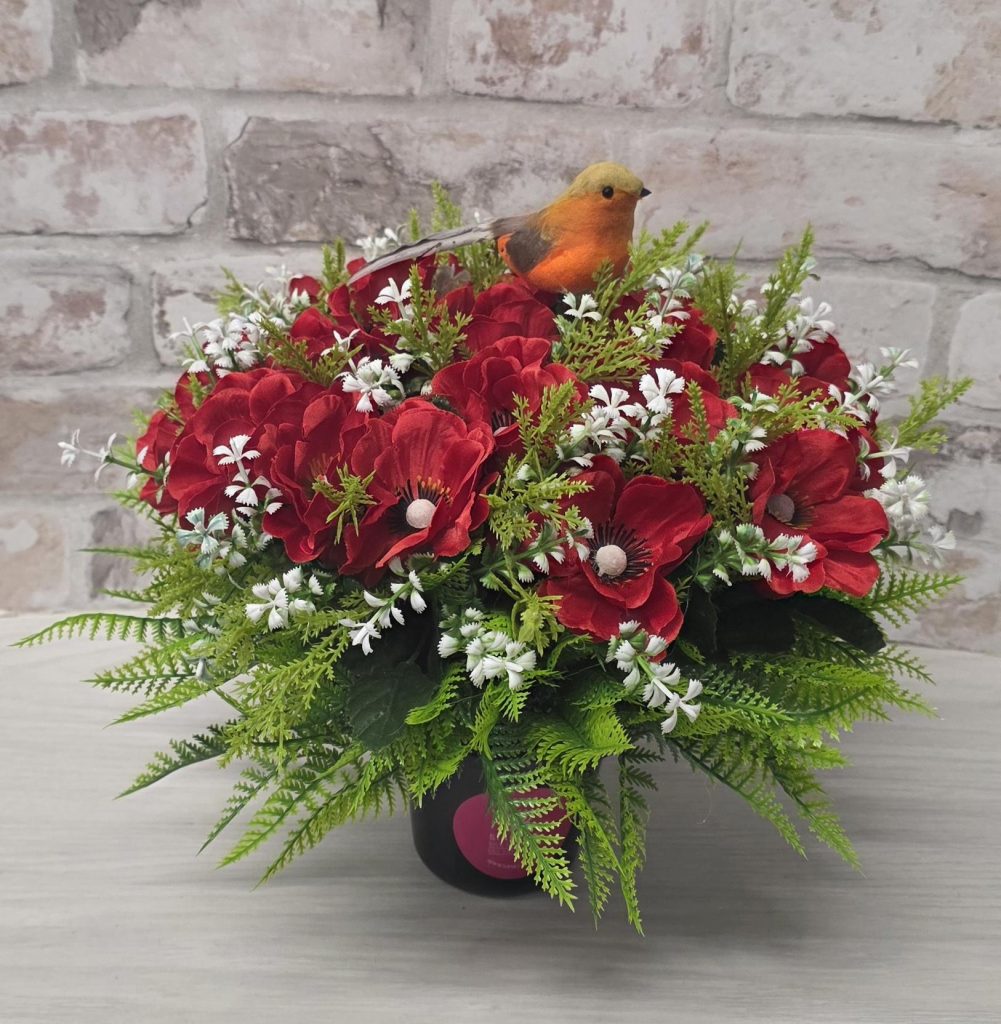 Fathers Day Grave Flowers Pot with Robin – Artificial Red Anemones