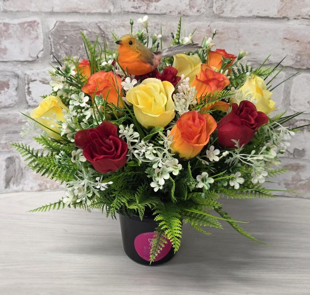Fathers Day Grave Flowers Pot with Robin – Artificial Red Orange Yellow Roses
