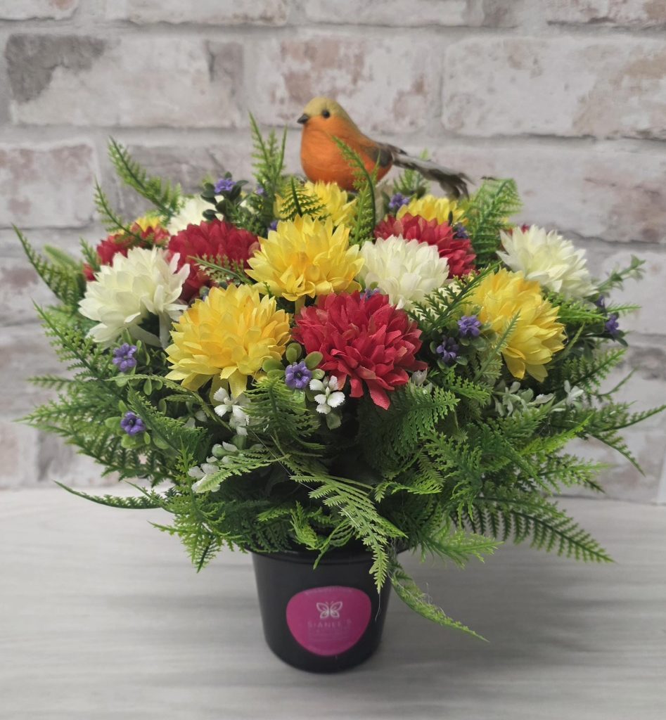 Fathers Day Grave Flowers Pot with Robin - Red Yellow Ivory Chrysanthemums