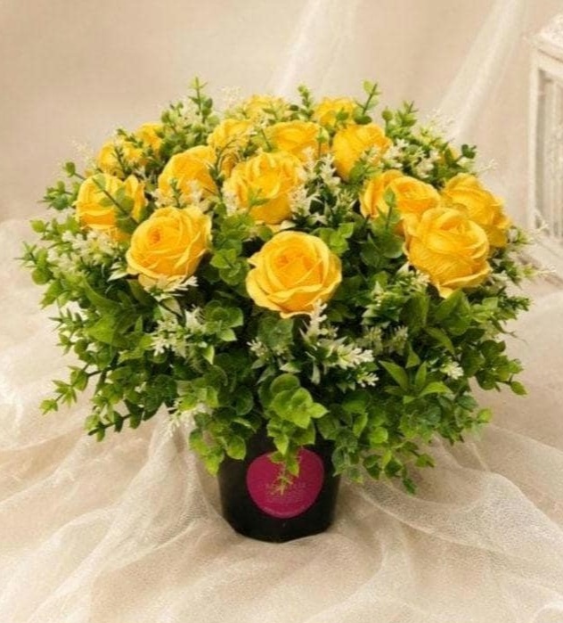 Artificial Flower Grave Pot - Lemon Yellow Mini Rose and Eucalyptus