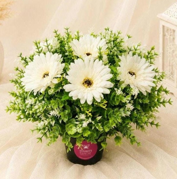 Artificial Grave Flower Pot - Ivory Gerbera and Eucalyptus