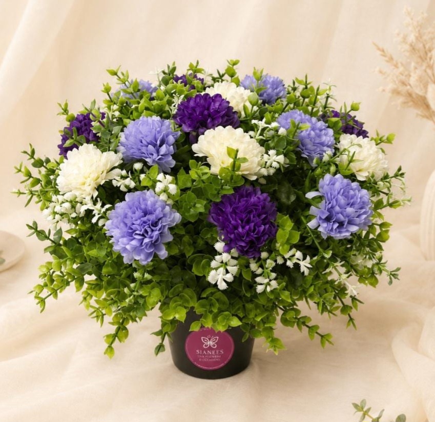 Artificial Flower Grave Pot - Purple Lilac Chrysanthemum