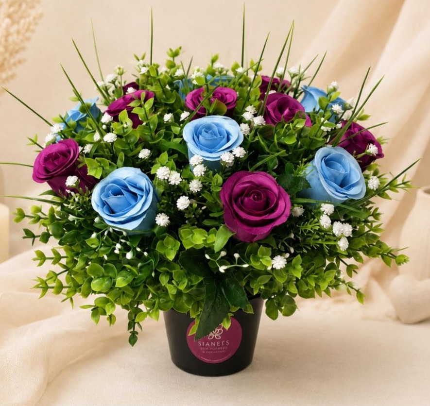 Artificial Flower Grave Pot - Magenta and Blue Roses