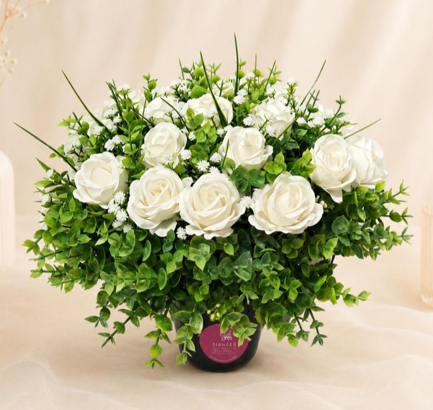 Artificial Flower Grave Pot -White Rose and Eucalyptus