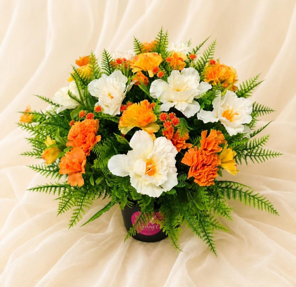 Artificial Flower Grave Pot - Orange Ivory Carnations and Fern