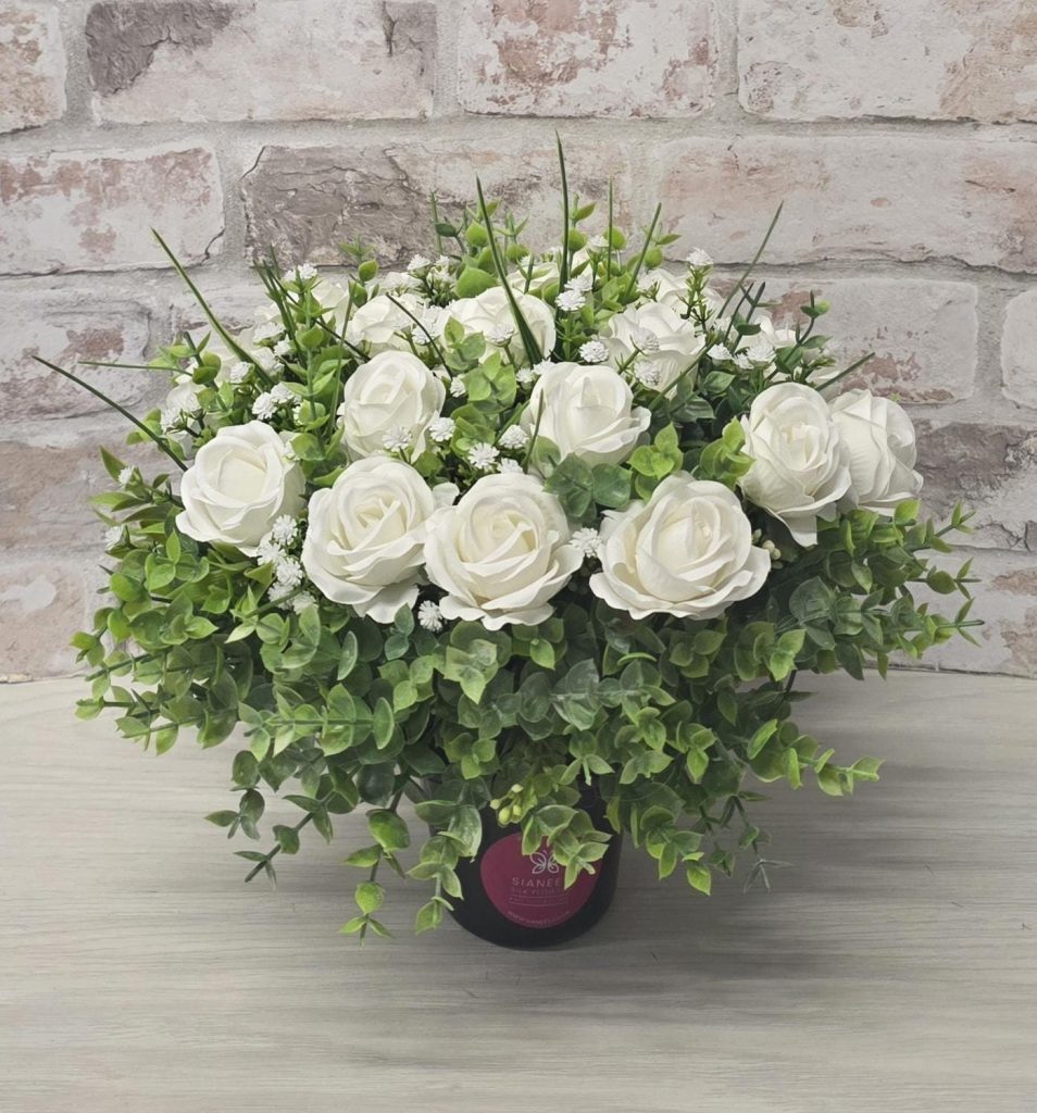 Artificial Flower Grave Pot -White Rose and Eucalyptus