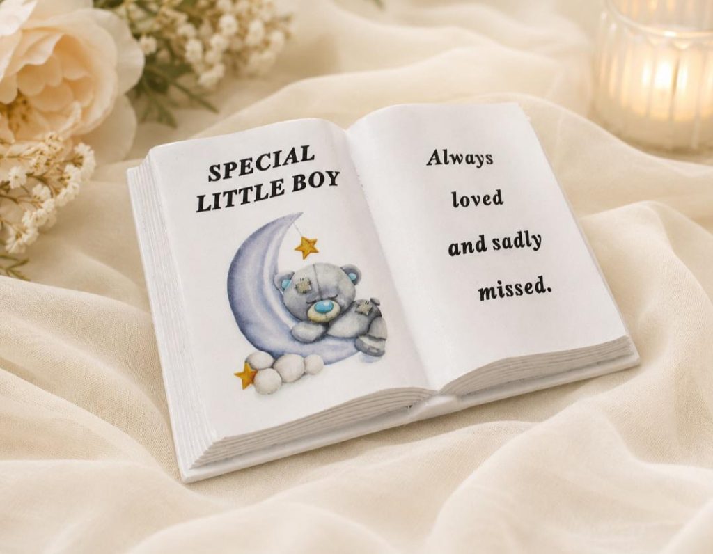 Child or Baby Boy Graveside Memorial Ornament – Teddy Book