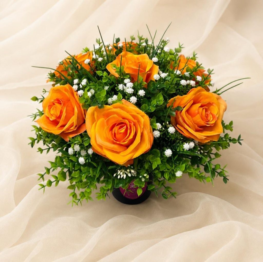 Artificial Flower Grave Pot - Orange Roses