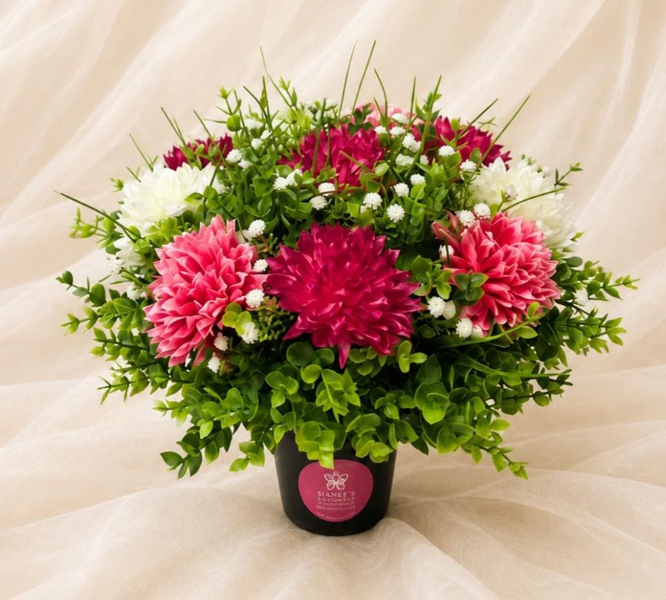 Artificial Flower Grave Pot – Cerise Pink Ivory Chrysanthemum