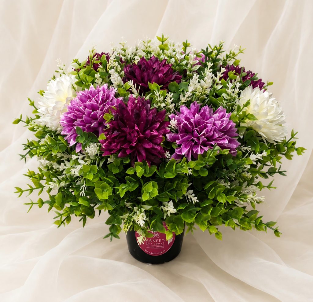 Artificial Flower Grave Pot– Magenta Lilac Ivory Chrysanthemum
