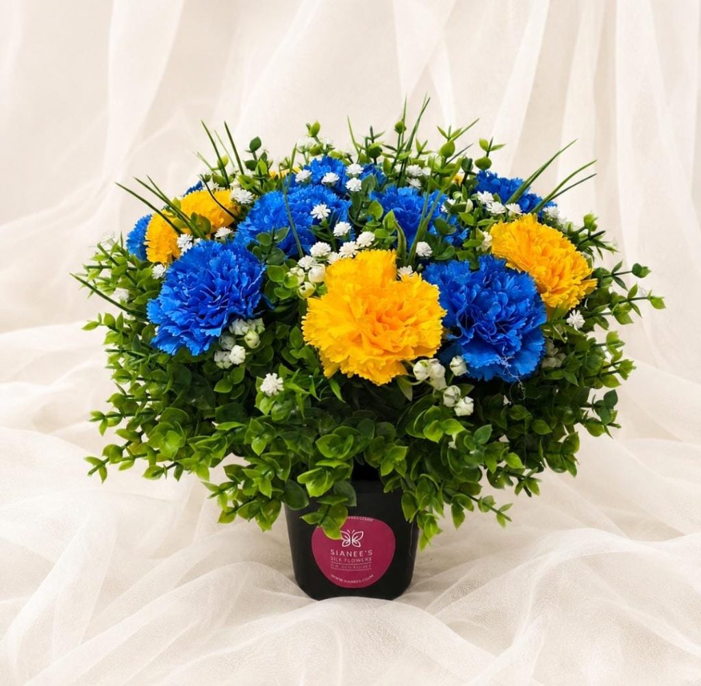 Artificial Grave Flower Pot – Blue Yellow Chrysanthemums