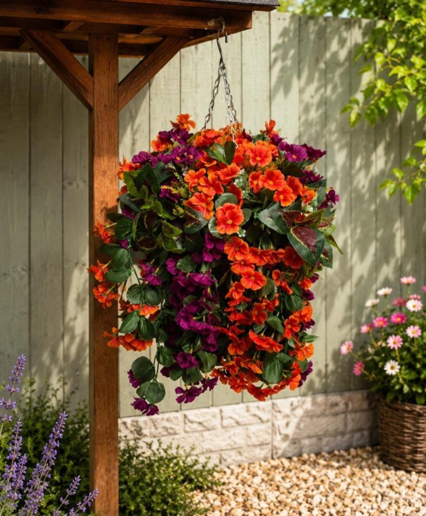 Autumn Hanging Basket - Artificial Orange & Plum Flowers